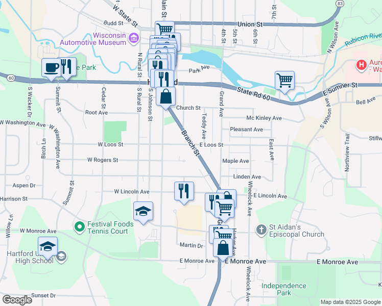 map of restaurants, bars, coffee shops, grocery stores, and more near 237 Branch Street in Hartford