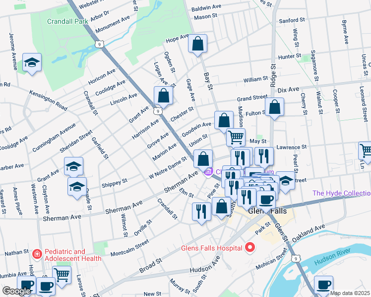 map of restaurants, bars, coffee shops, grocery stores, and more near Glen Street & Union Street in Glens Falls