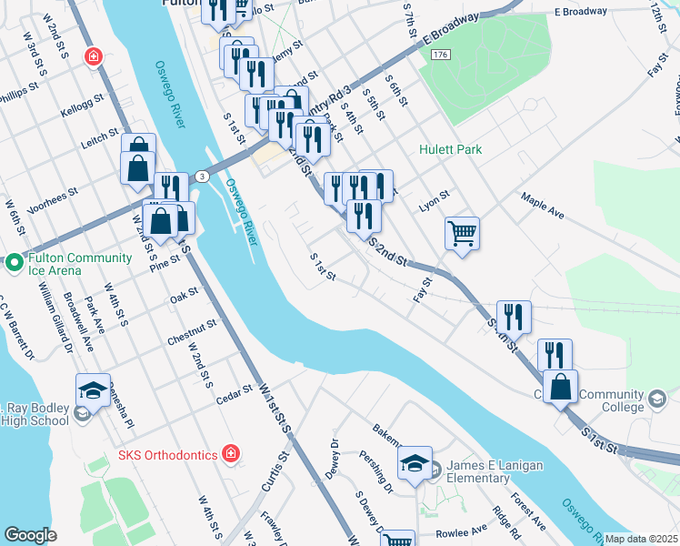 map of restaurants, bars, coffee shops, grocery stores, and more near 107 Lyon Street in Fulton