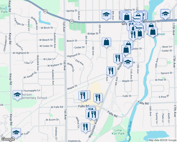 map of restaurants, bars, coffee shops, grocery stores, and more near 1661 Highland Drive in Grafton