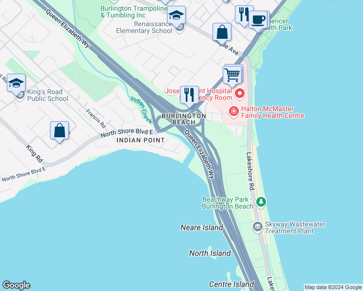 map of restaurants, bars, coffee shops, grocery stores, and more near 1074 Iroquois Road in Burlington