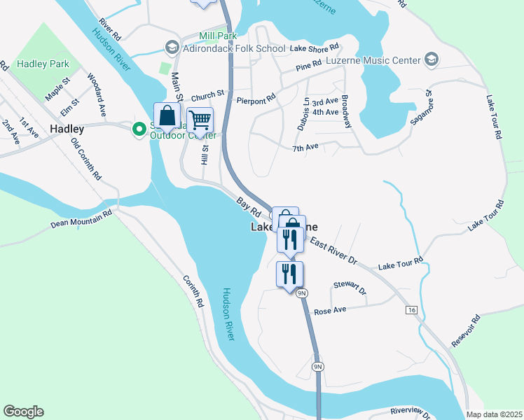 map of restaurants, bars, coffee shops, grocery stores, and more near 18 Bay Road in Lake Luzerne
