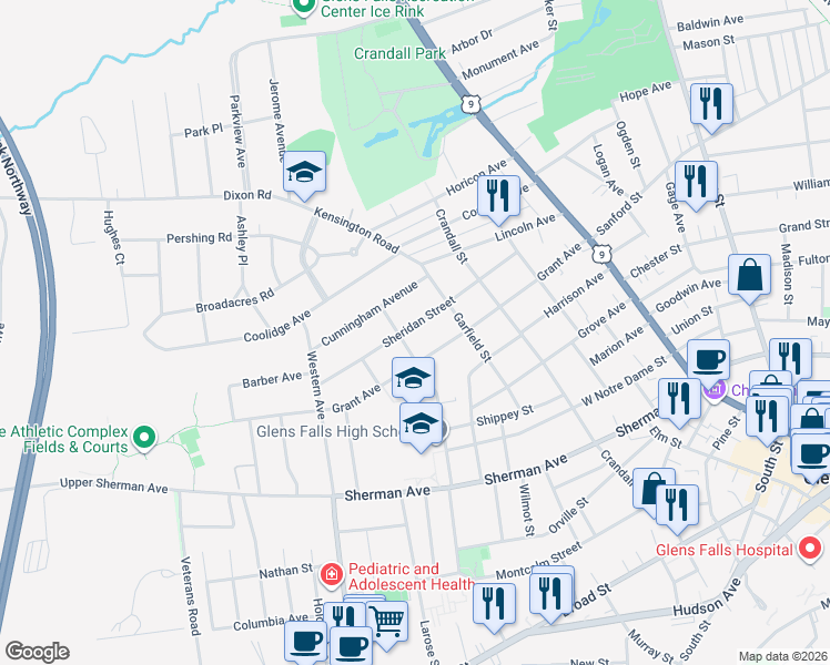 map of restaurants, bars, coffee shops, grocery stores, and more near 45 Sheridan Street in Glens Falls