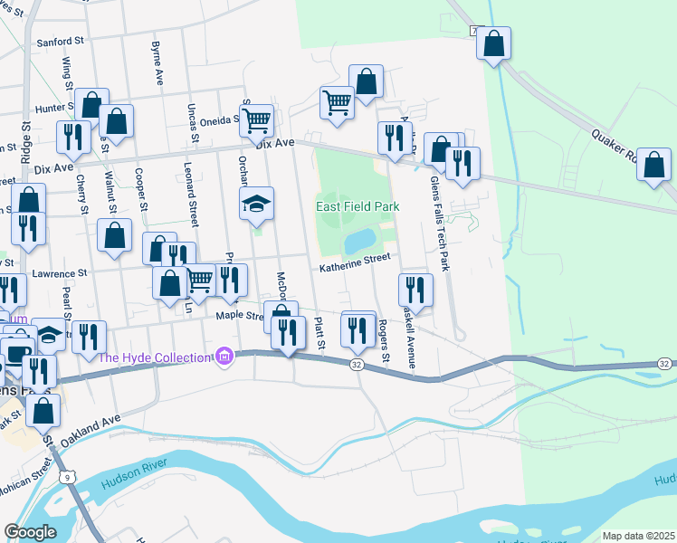 map of restaurants, bars, coffee shops, grocery stores, and more near 12 Katherine Street in Glens Falls