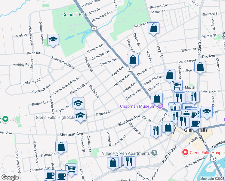 map of restaurants, bars, coffee shops, grocery stores, and more near 31 Harrison Avenue in Glens Falls