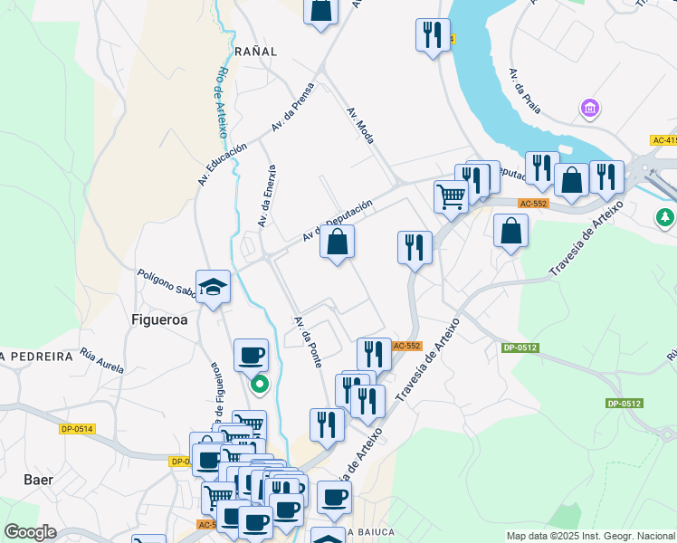 map of restaurants, bars, coffee shops, grocery stores, and more near Avenida da Deputación in La Coruña