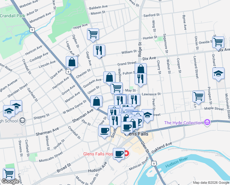 map of restaurants, bars, coffee shops, grocery stores, and more near 4 May Street in Glens Falls