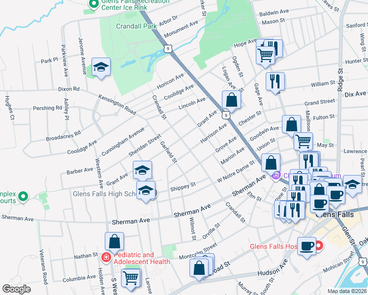 map of restaurants, bars, coffee shops, grocery stores, and more near 88 Crandall Street in Glens Falls