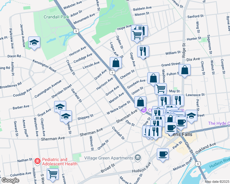map of restaurants, bars, coffee shops, grocery stores, and more near 10 Grove Avenue in Glens Falls