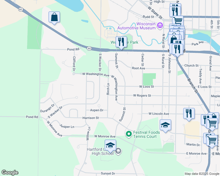 map of restaurants, bars, coffee shops, grocery stores, and more near 308 Birch Lane in Hartford