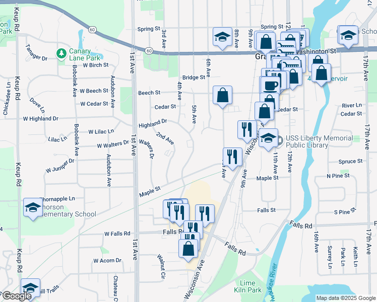 map of restaurants, bars, coffee shops, grocery stores, and more near 1661 Highland Drive in Grafton