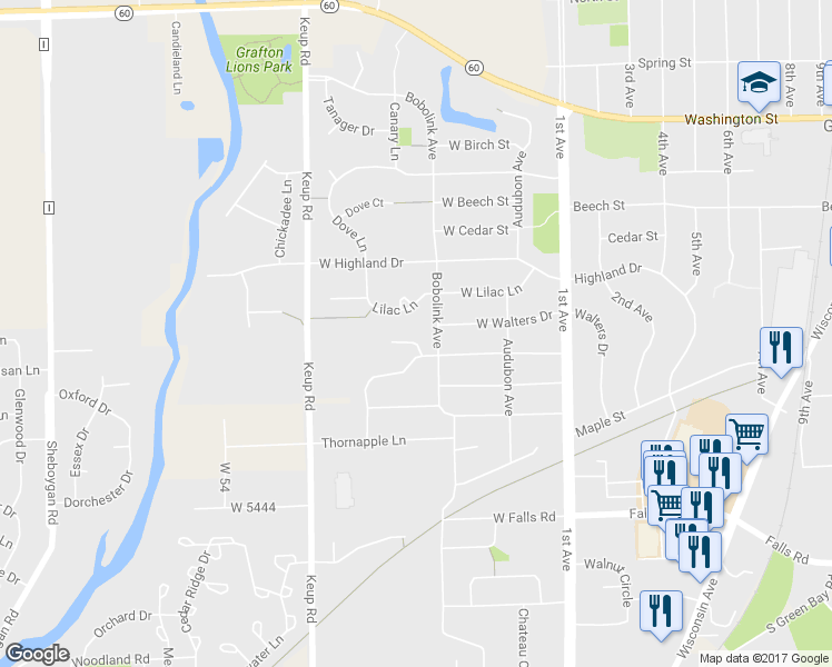 map of restaurants, bars, coffee shops, grocery stores, and more near 328 Juniper Court in Grafton