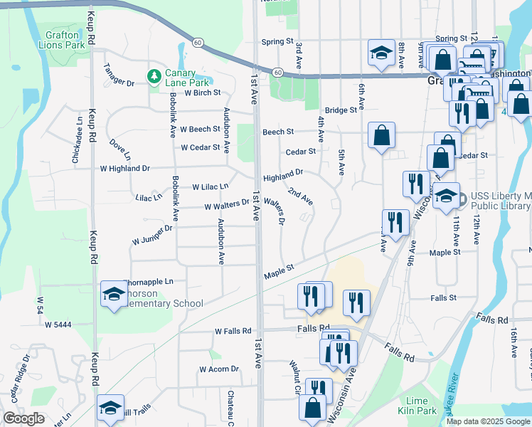 map of restaurants, bars, coffee shops, grocery stores, and more near 1650 1st Avenue in Grafton