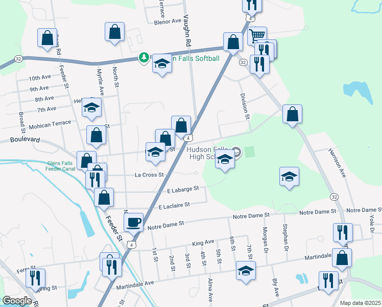 map of restaurants, bars, coffee shops, grocery stores, and more near 350 Main St in Hudson Falls