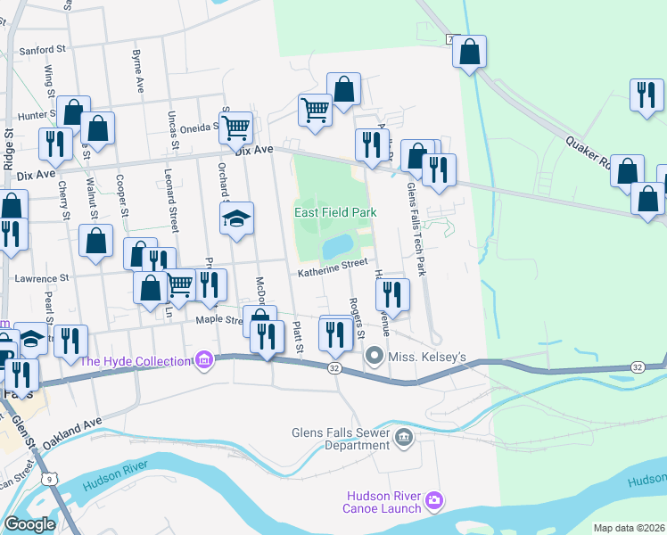 map of restaurants, bars, coffee shops, grocery stores, and more near 15 Katherine Street in Glens Falls