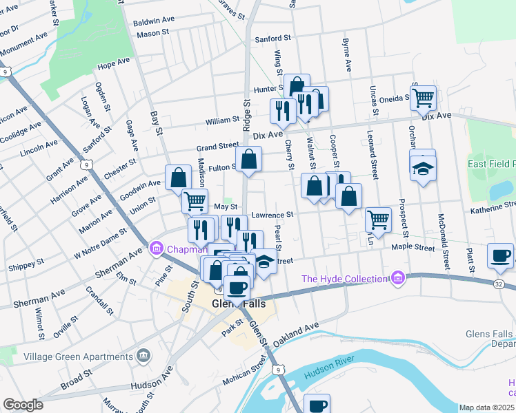 map of restaurants, bars, coffee shops, grocery stores, and more near 8 Traver Street in Glens Falls