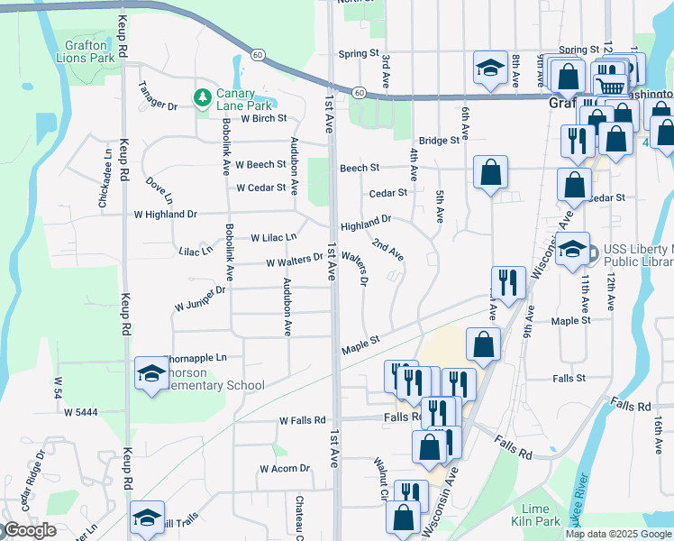 map of restaurants, bars, coffee shops, grocery stores, and more near 1650 1st Avenue in Grafton