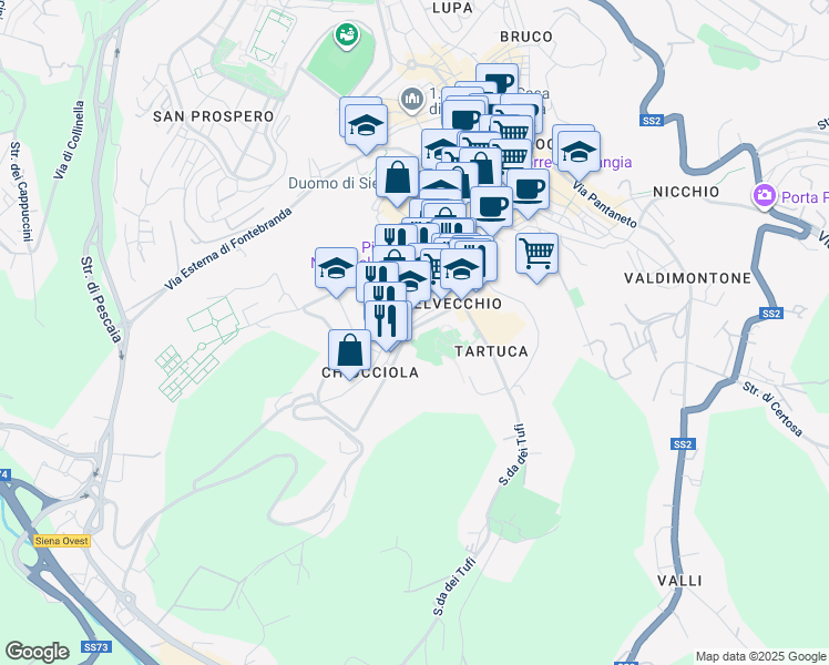 map of restaurants, bars, coffee shops, grocery stores, and more near 17 Via delle Cerchia in Siena