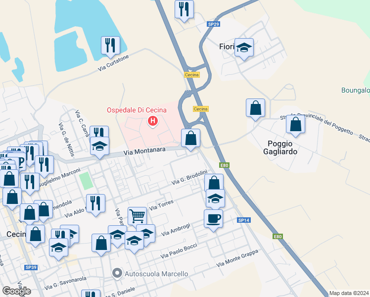map of restaurants, bars, coffee shops, grocery stores, and more near 58 Via Montanara in Cecina