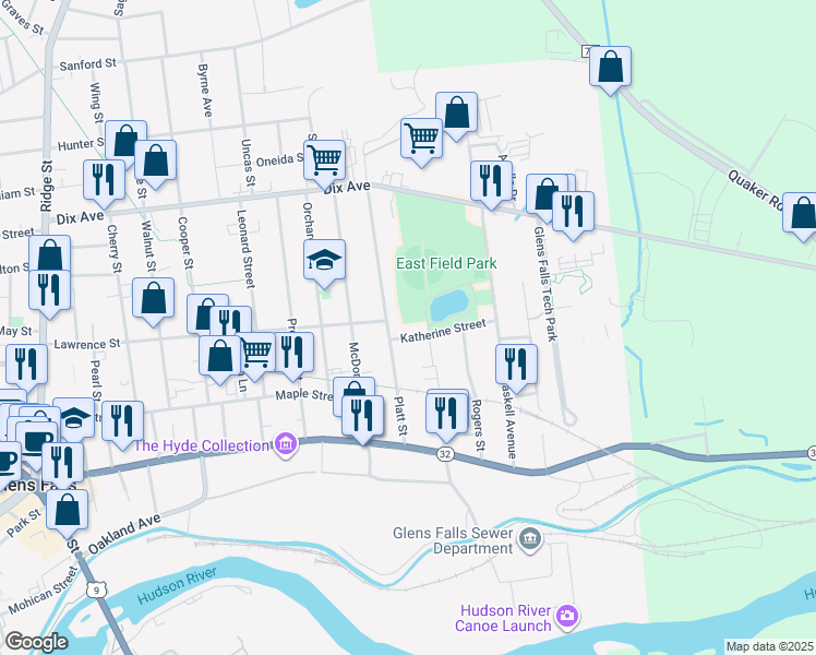 map of restaurants, bars, coffee shops, grocery stores, and more near 12 Katherine Street in Glens Falls