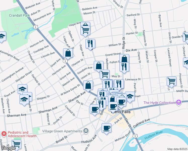 map of restaurants, bars, coffee shops, grocery stores, and more near 23 Harlem Street in Glens Falls
