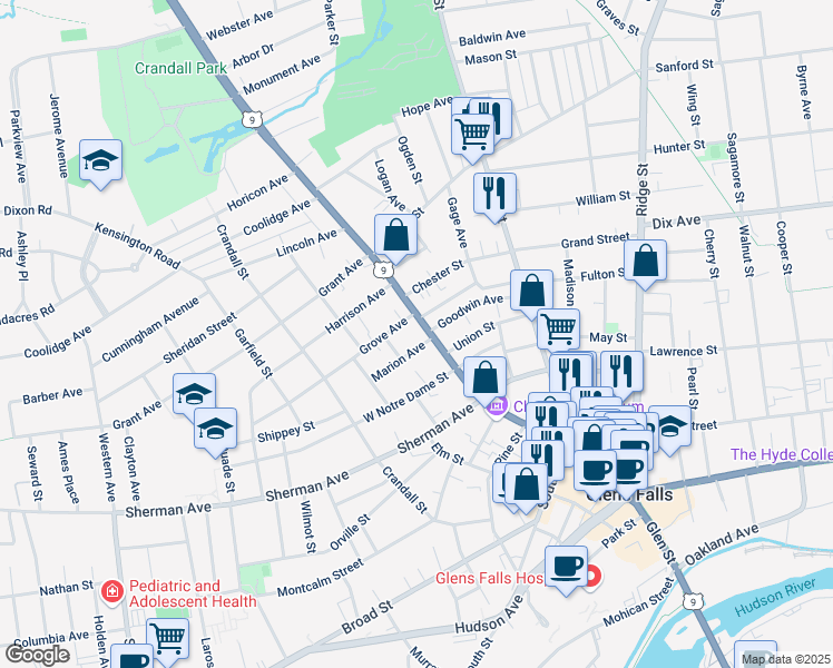 map of restaurants, bars, coffee shops, grocery stores, and more near 437 Glen Street in Glens Falls