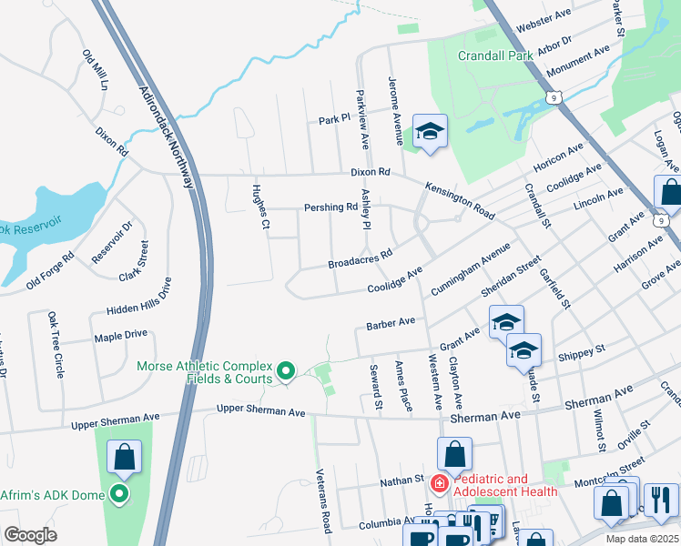 map of restaurants, bars, coffee shops, grocery stores, and more near 18 Broadacres Road in Queensbury
