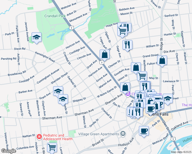 map of restaurants, bars, coffee shops, grocery stores, and more near 1 Davis St in Glens Falls