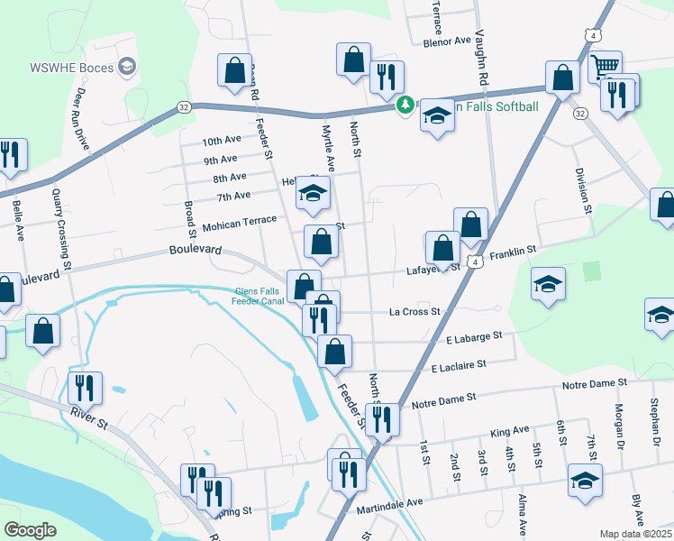 map of restaurants, bars, coffee shops, grocery stores, and more near 5 Lafayette Street in Hudson Falls