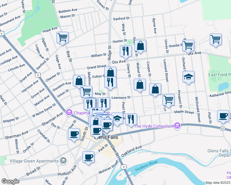 map of restaurants, bars, coffee shops, grocery stores, and more near 8 Traver Street in Glens Falls