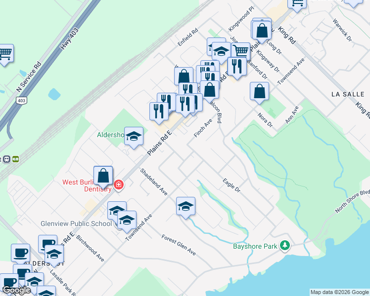 map of restaurants, bars, coffee shops, grocery stores, and more near 329 Finch Avenue in Burlington