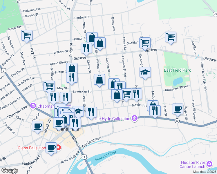 map of restaurants, bars, coffee shops, grocery stores, and more near 30 Cooper St in Glens Falls