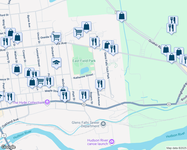 map of restaurants, bars, coffee shops, grocery stores, and more near 47 Haskell Ave in Glens Falls
