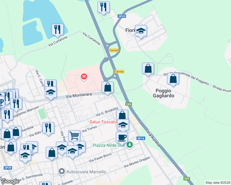 map of restaurants, bars, coffee shops, grocery stores, and more near 40 Via del Paratino in Provincia di Livorno