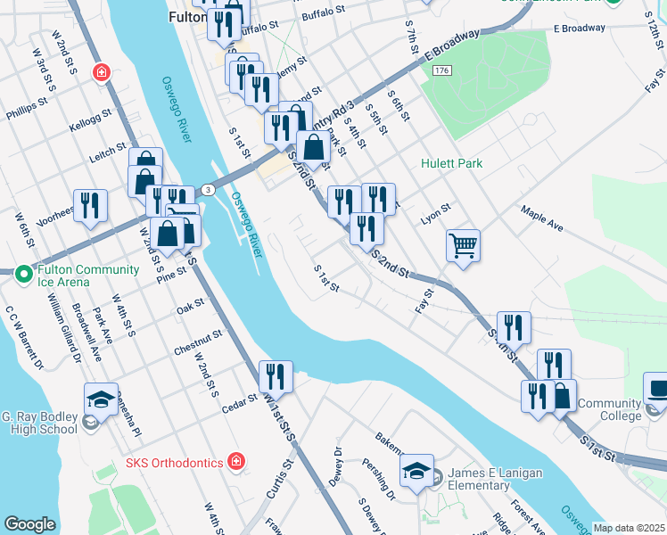 map of restaurants, bars, coffee shops, grocery stores, and more near 107 Lyon St in Fulton