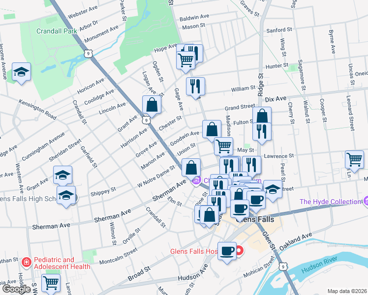map of restaurants, bars, coffee shops, grocery stores, and more near 421 Glen Street in Glens Falls