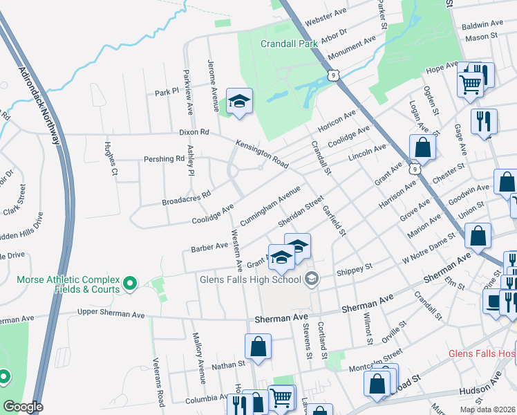 map of restaurants, bars, coffee shops, grocery stores, and more near 37 Cunningham Avenue in Glens Falls