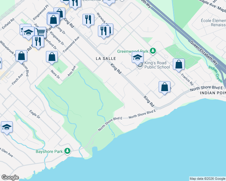 map of restaurants, bars, coffee shops, grocery stores, and more near 732 Kingsway Drive in Burlington
