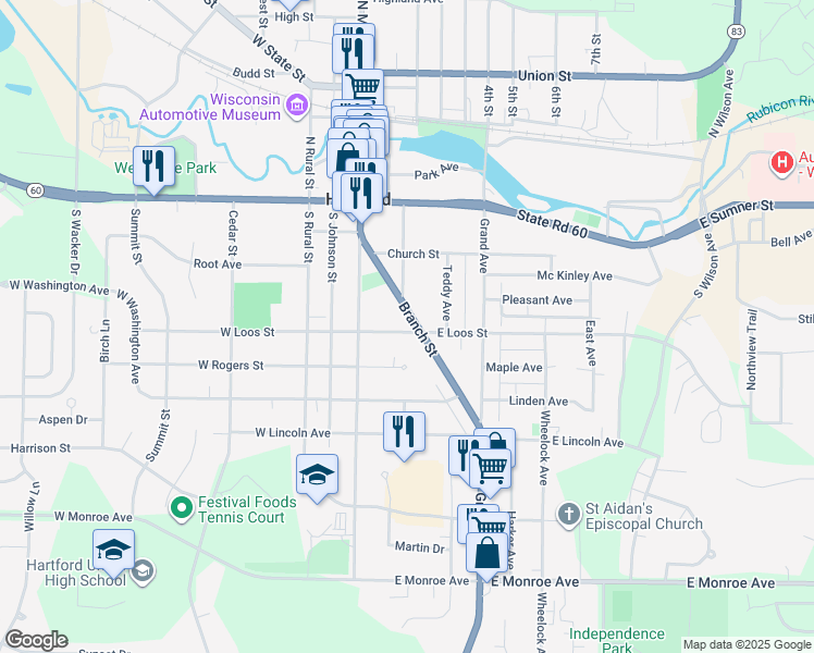 map of restaurants, bars, coffee shops, grocery stores, and more near 237 Branch Street in Hartford