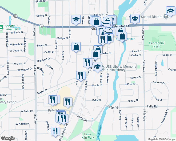 map of restaurants, bars, coffee shops, grocery stores, and more near 1615 Wisconsin Avenue in Grafton