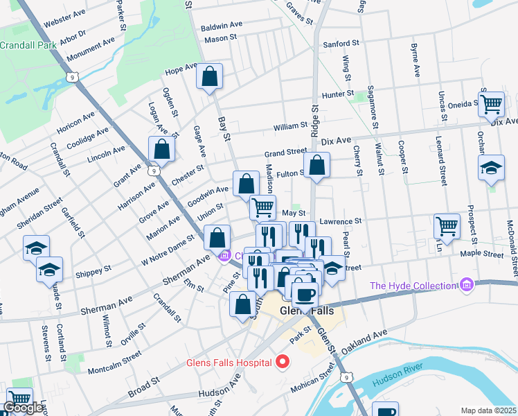 map of restaurants, bars, coffee shops, grocery stores, and more near 4 May St in Glens Falls
