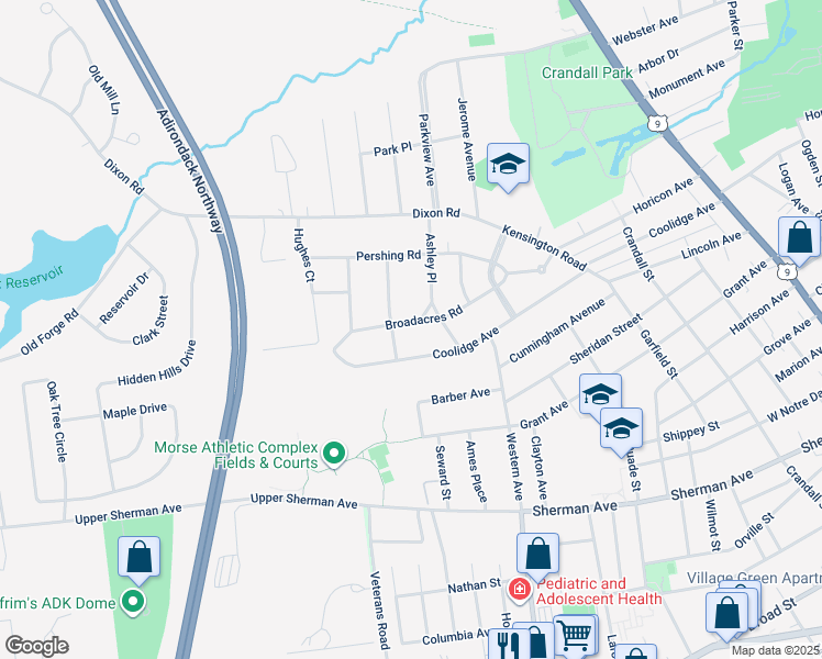 map of restaurants, bars, coffee shops, grocery stores, and more near 18 Broadacres Road in West Glens Falls