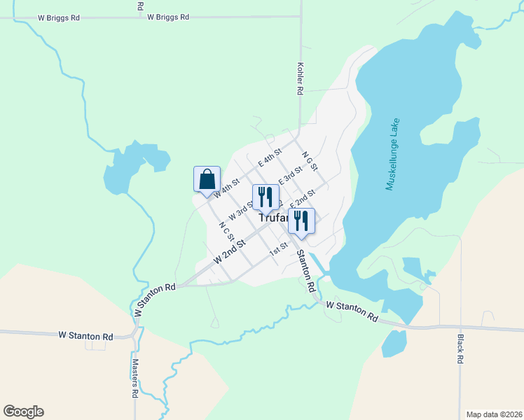map of restaurants, bars, coffee shops, grocery stores, and more near 118 North B Street in Trufant
