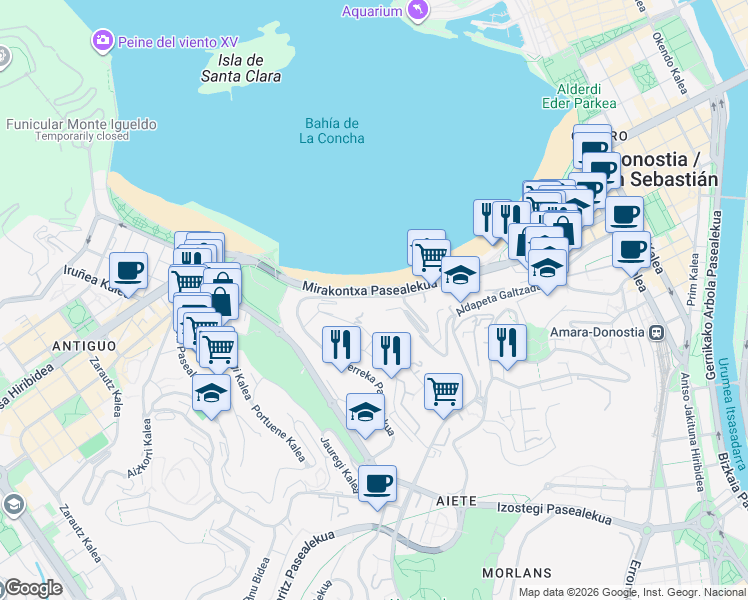map of restaurants, bars, coffee shops, grocery stores, and more near 32 Mirakontxa Pasealekua in Donostia