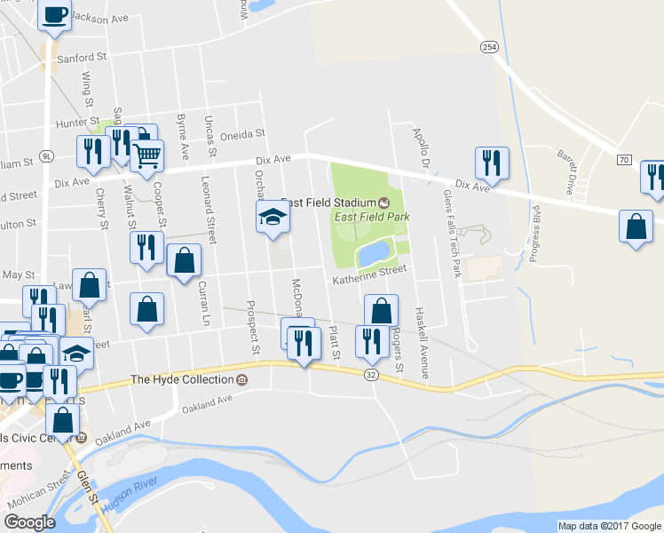 map of restaurants, bars, coffee shops, grocery stores, and more near 53 Platt Street in Glens Falls