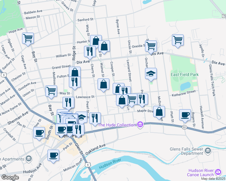 map of restaurants, bars, coffee shops, grocery stores, and more near 32 Cooper Street in Glens Falls