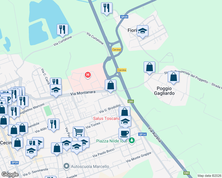 map of restaurants, bars, coffee shops, grocery stores, and more near 40 Via del Paratino in Provincia di Livorno