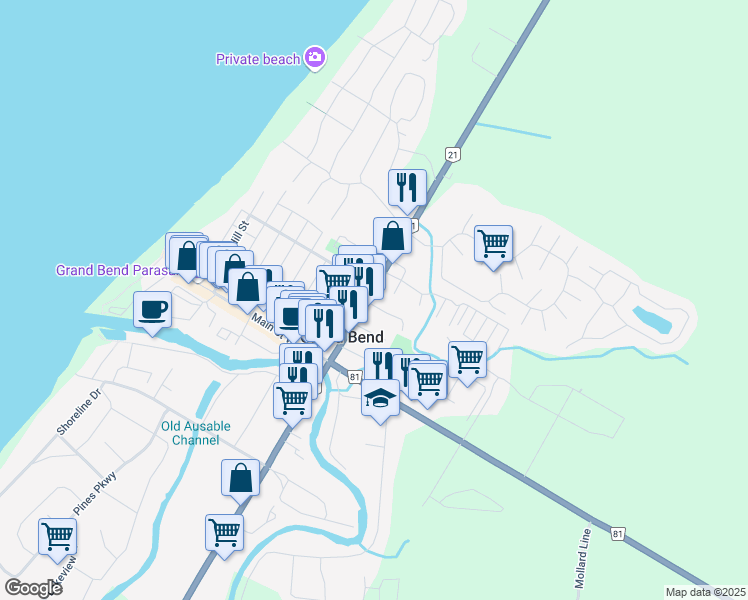 map of restaurants, bars, coffee shops, grocery stores, and more near 40 Ontario Street North in Lambton Shores