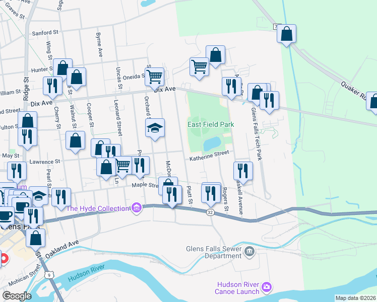 map of restaurants, bars, coffee shops, grocery stores, and more near 12 Katherine Street in Glens Falls