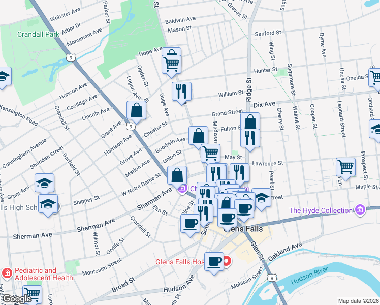 map of restaurants, bars, coffee shops, grocery stores, and more near 23 Harlem Street in Glens Falls